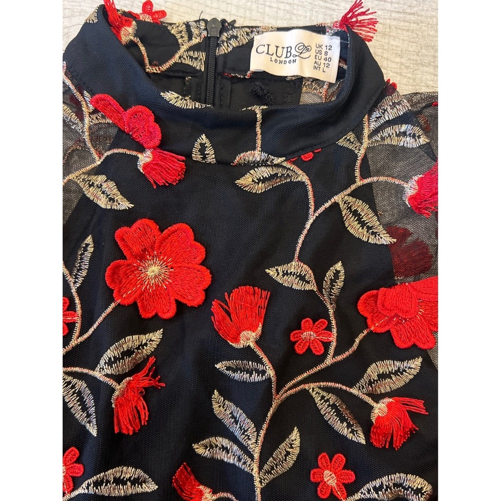 Club L London Black Mesh Red Floral 3D Embroidery Mock Neck Mini Dress US 8